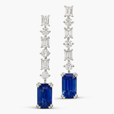 View full screen - View 1 of Lot 1518. Pair of Sapphire and Diamond Pendent Earrings | 3.04 及 2.55克拉 天然 「緬甸 」未經加熱藍寶石 配 鑽石 耳墜一對 .