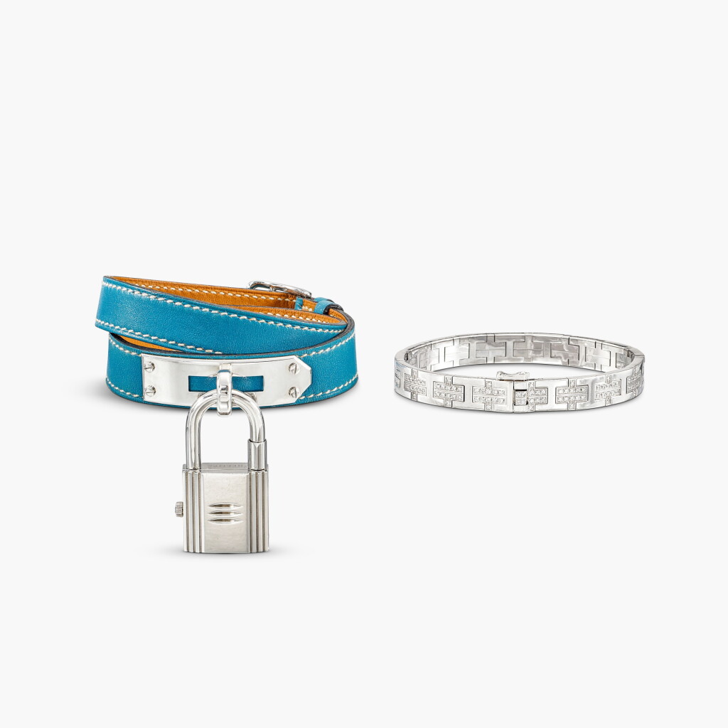 View full screen - View 1 of Lot 1250. Diamond 'Kilim Pm' Bracelet and Stainless Steel 'Kelly' Wristwatch | 愛馬仕 | 鑽石 'Kilim Pm' 手鏈 及 精鋼 'Kelly' 腕錶.
