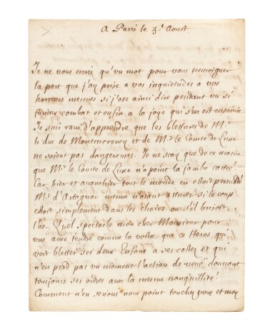 View full screen - View 1 of Lot 77. Lettre autographe adressée au Maréchal de Luxembourg. Paris, le 3 août 1693. 2 pages. Lettre amicale..