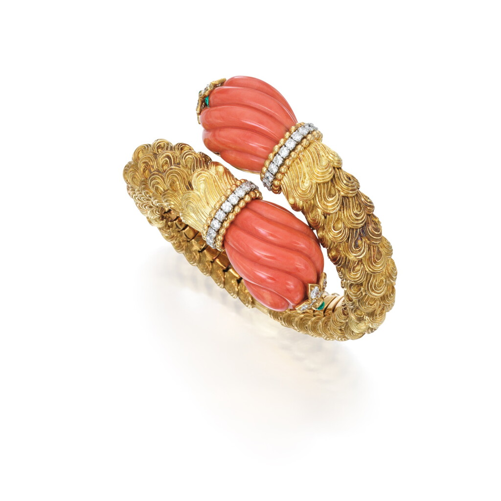 View full screen - View 1 of Lot 52. David Webb | Gold, Coral, Emerald and Diamond Bracelet.