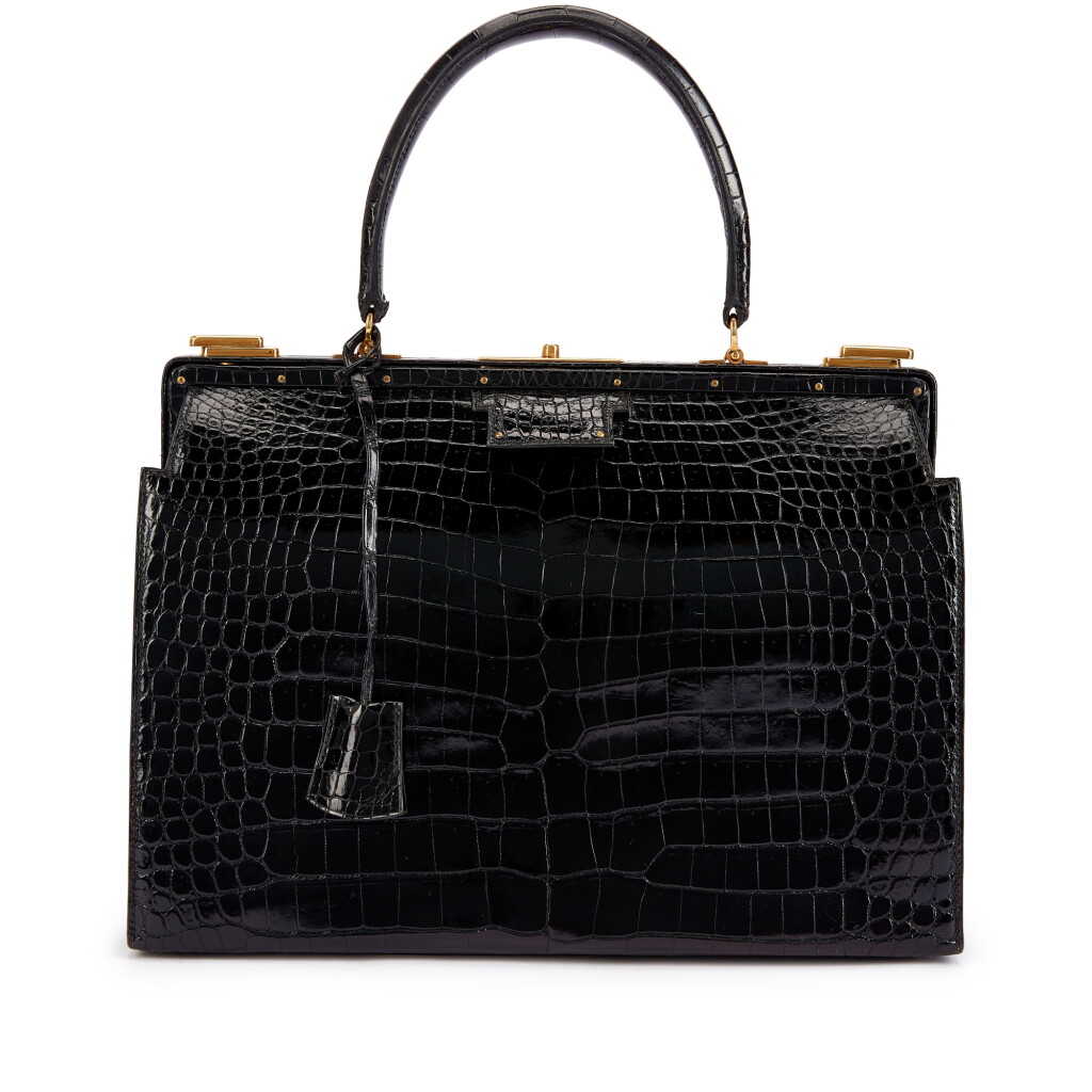 View full screen - View 1 of Lot 3118. Vintage Black Shiny Crocodile Sac Ulysse Mallette Gold Hardware.