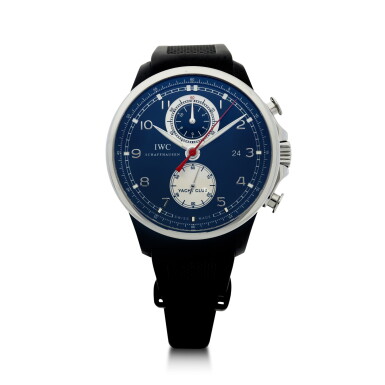 View full screen - View 1 of Lot 89. IWC | REFERENCE IW3902-08 PORTUGIESER YACHT CLUB CHRONOGRAPH BOUTIQUE EDITION A LIMITED EDITION STAINLESS STEEL AND RUBBER AUTOMATIC FLYBACK CHRONOGRAPH WRISTWATCH WITH DATE, ONE OF 250, CIRCA 2014.