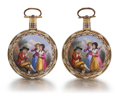 View full screen - View 1 of Lot 293. EDOUARD JUVET, FLEURIER | A MATCHED PAIR OF FINE GOLD AND ENAMEL OPEN-FACED WATCHES MADE FOR THE CHINESE MARKET, CIRCA 1865, NO. 41981 AND 42308.