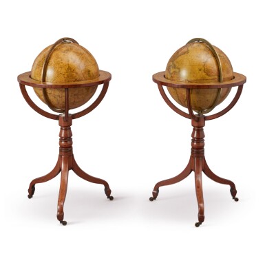 View full screen - View 1 of Lot 632. A PAIR OF REGENCY FIFTEEN-INCH CELESTIAL AND TERRESTRIAL GLOBES BY CARY ON TURNED MAHOGANY TRIPOD STANDS, DATED 1818-1820 .