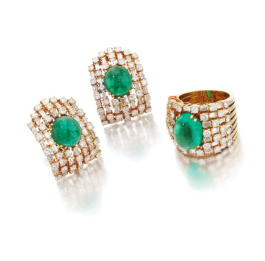 View full screen - View 1 of Lot 84. Emerald and diamond Demi-Parure (Demi-Parure in smeraldi e diamanti).