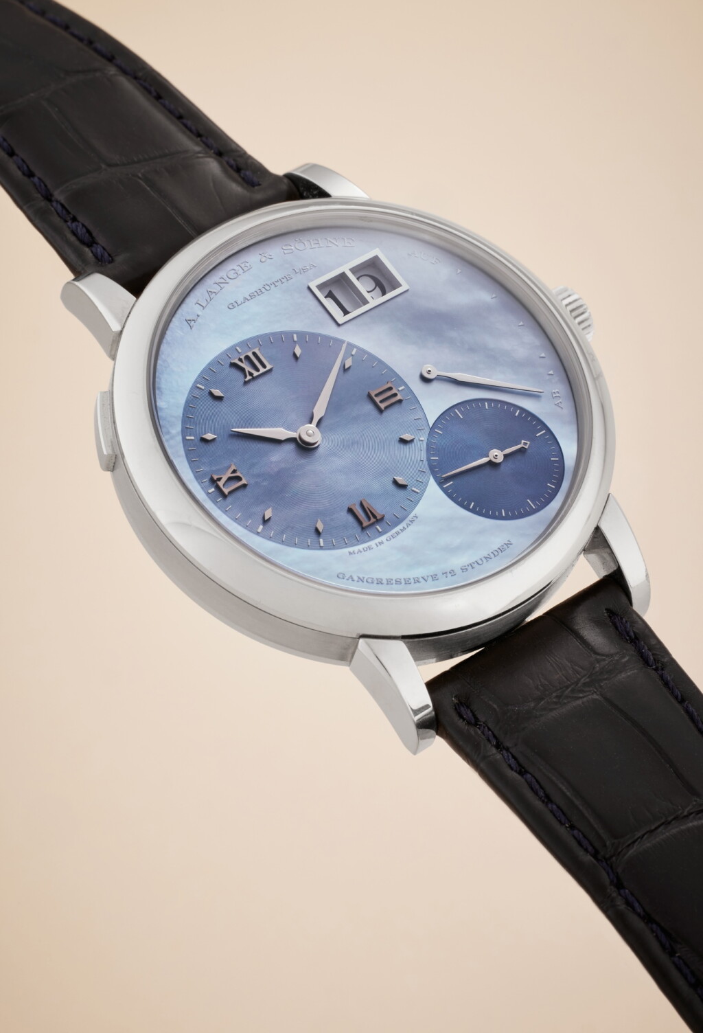 View full screen - View 1 of Lot 85. Reference 117.040 Grande Lange 1 'Dubail Edition' | A white gold wristwatch with date, power reserve, and blue mother-of-pearl dial, made for Paris retailer Dubail in a limited edition of 25 pieces, Circa 2017.