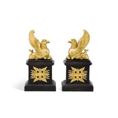 View full screen - View 1 of Lot 286. A pair of Regency ormolu and patinated bronze griffin-form bookends, early 19th century.