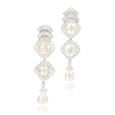 View full screen - View 1 of Lot 849. Pair of natural, cultured pearl and diamond earrings.