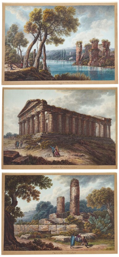View full screen - View 1 of Lot 111. A) View of The Temple of Concord, Agrigento B) View of The Temple of Vulcan, Agrigento C) View of the Lake of Averno and The Temple of Proserpina near Naples.