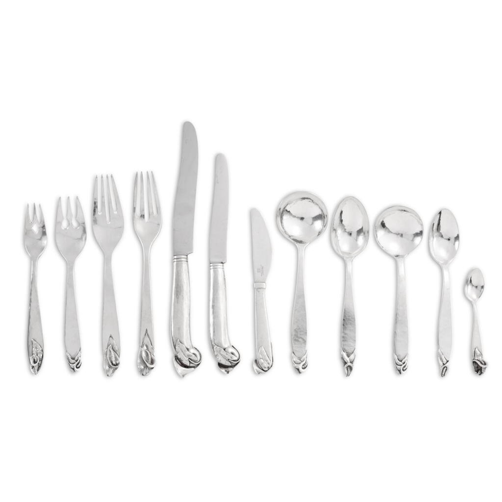 View full screen - View 1 of Lot 181. An American Silver Calla Lily Pattern Flatware Service, Peer Smed and Lona P. Schaeffer, Brooklyn, NY, Circa 1930.