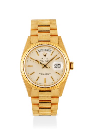 View full screen - View 1 of Lot 18. ROLEX | DAY-DATE, REF 18038 YELLOW GOLD WRISTWATCH WITH DAY, DATE AND BRACELET CIRCA 1980.