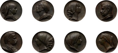 View full screen - View 1 of Lot 42. Eight Portrait Medallions depicting artists, authors, and actors including Xavier Sigalon, Henrietta Smithson, Jules-Robert Auguste, Mr. and Mrs. Paul Meurice, Louise Astoud-Trolley, and Adele Hugo in a large wooden frame.