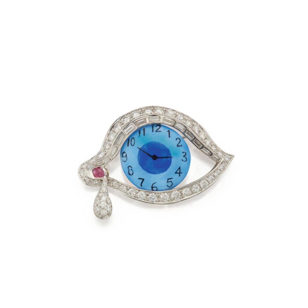 View full screen - View 1 of Lot 460. Henryk Kaston for Salvador Dalí | Enamel, Diamond and Ruby 'Eye of Time' Brooch.