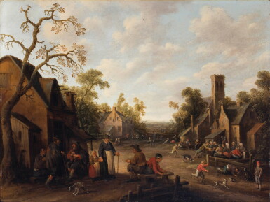 View full screen - View 1 of Lot 119. A village square with people eating outside an inn, and children playing with dogs.