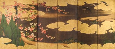 View full screen - View 1 of Lot 43. ANONYMOUS, EDO PERIOD, 17TH CENTURY | GEESE AMONG CLOUDS AND MAPLE TREES.