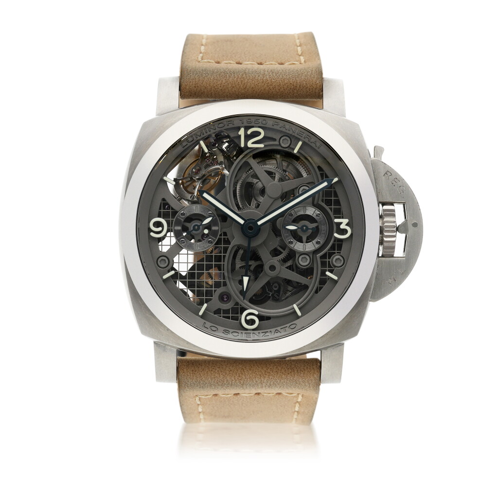 View full screen - View 1 of Lot 16. PANERAI | REFERENCE PAM00578 LO SCIENZIATO - LUMINOR 1950 TOURBILLON GMT TITANIO AN IMPRESSIVE TITANIUM SKELETONIZED DUAL TIME ZONE WRISTWATCH WITH TOURBILLON, 24-HOUR AND POWER RESERVE INDICATION CIRCA 2016.