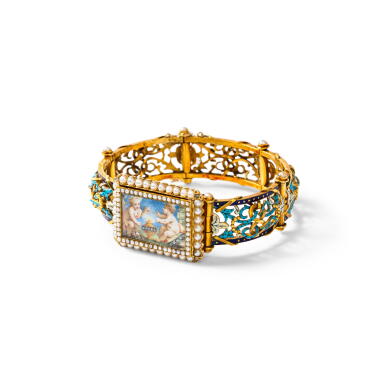 View full screen - View 1 of Lot 134. A pearl-set gold and enamel vinaigrette bracelet, probably circa 1860/1870.