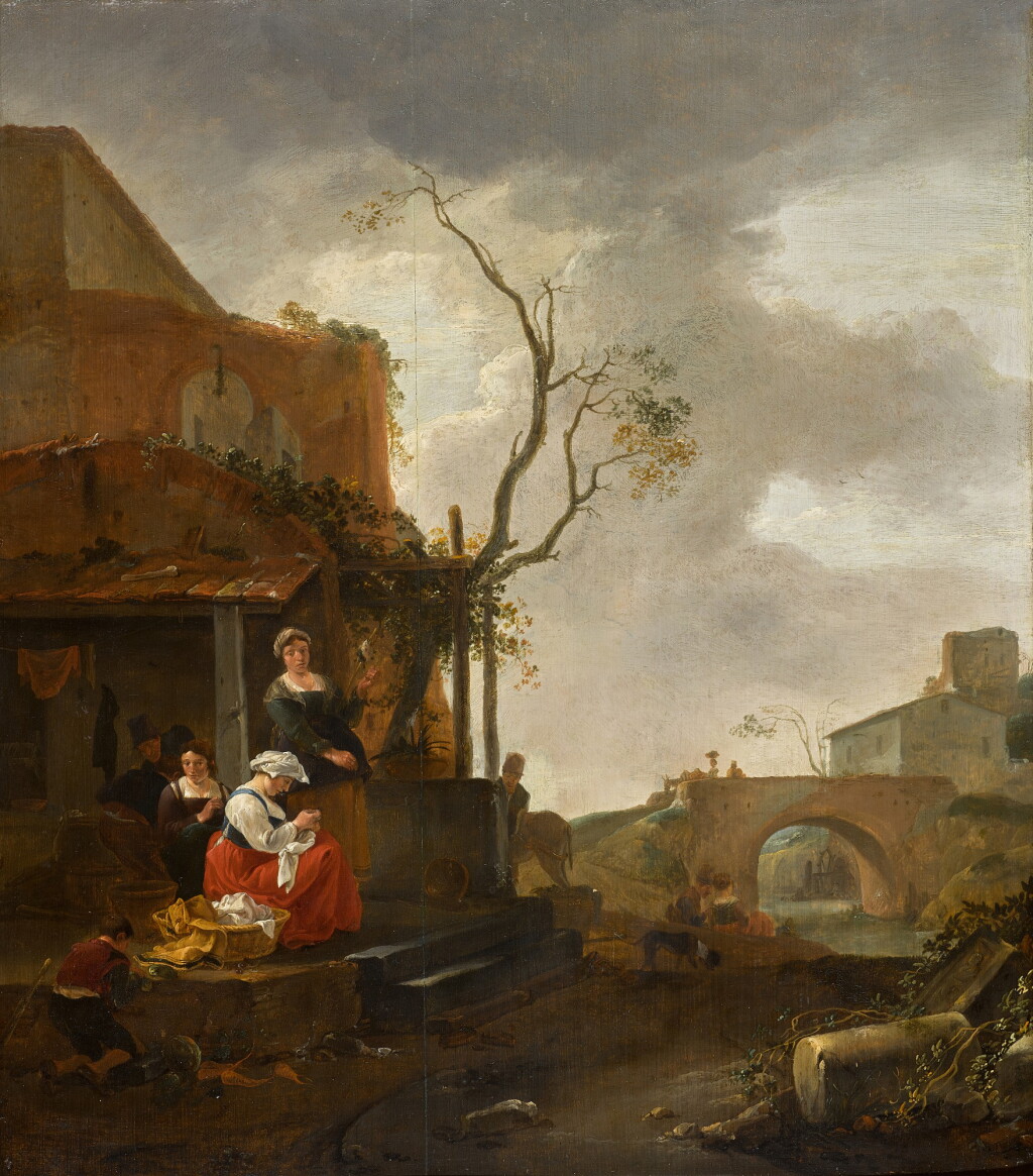 View full screen - View 1 of Lot 364. Figures outside a tavern with a woman sewing, travellers on a bridge beyond.