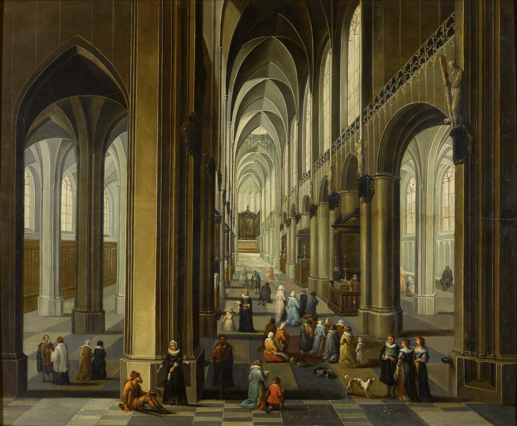 View full screen - View 1 of Lot 71. Cathedral interior with figures worshipping, promenading and giving alms.