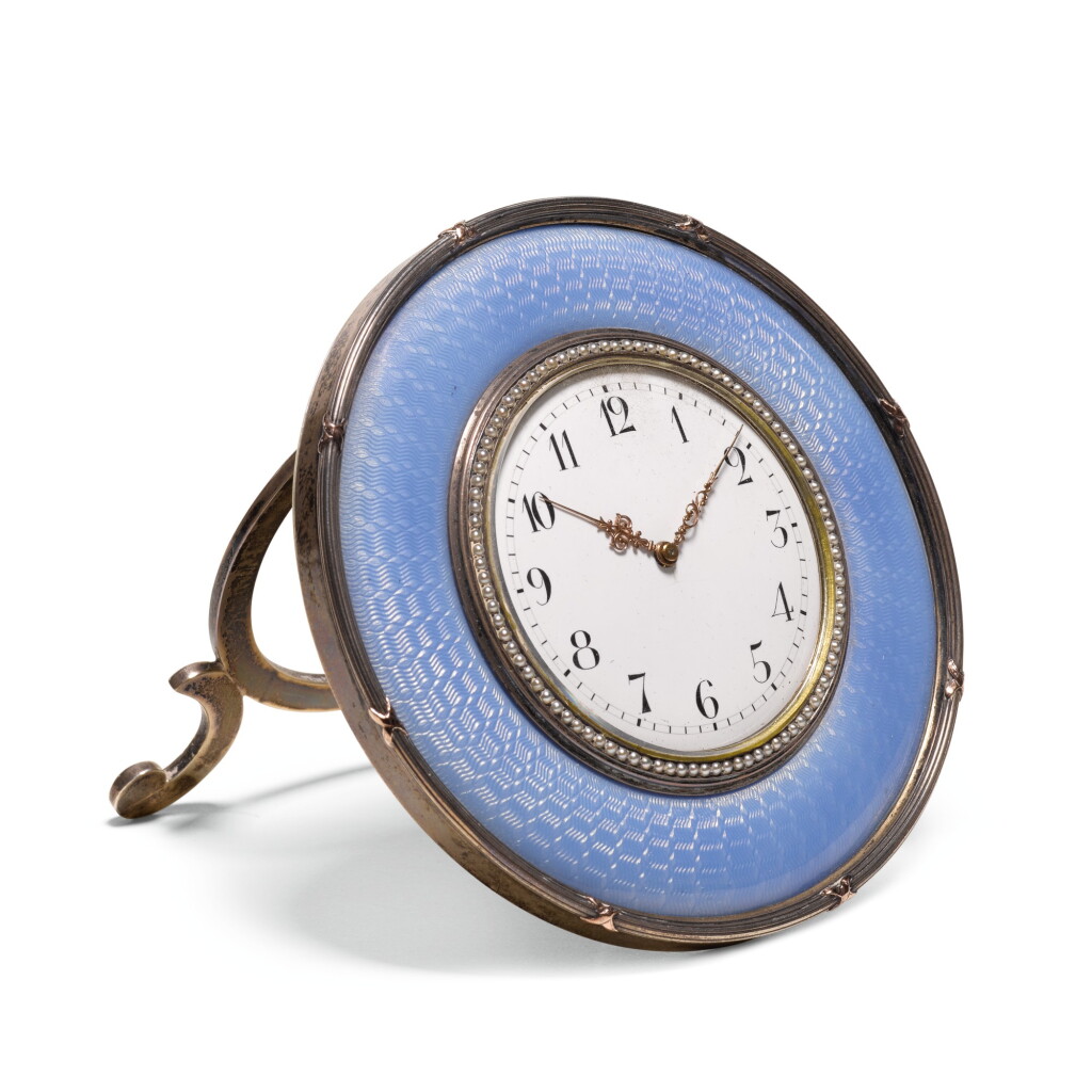 View full screen - View 1 of Lot 44. A Fabergé Imperial gold and silver-gilt mounted guilloché enamel timepiece, workmaster Michael Perchin, St Petersburg, 1899-1903.