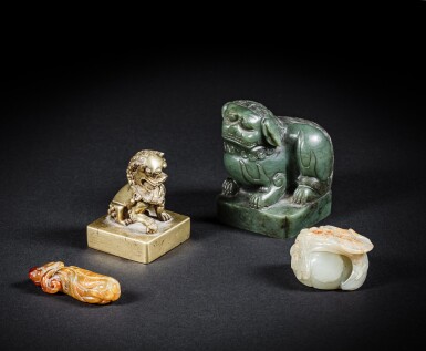 View full screen - View 1 of Lot 178. A group of two seals and two jade carvings, Qing dynasty, 19th / 20th century.