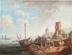 Villagers unloading a boat near a Tower