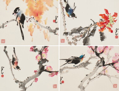 View full screen - View 1 of Lot 230. Zhao Shao'ang, Flowers and birds, ink and color on paper, mounted for framing, set of four.