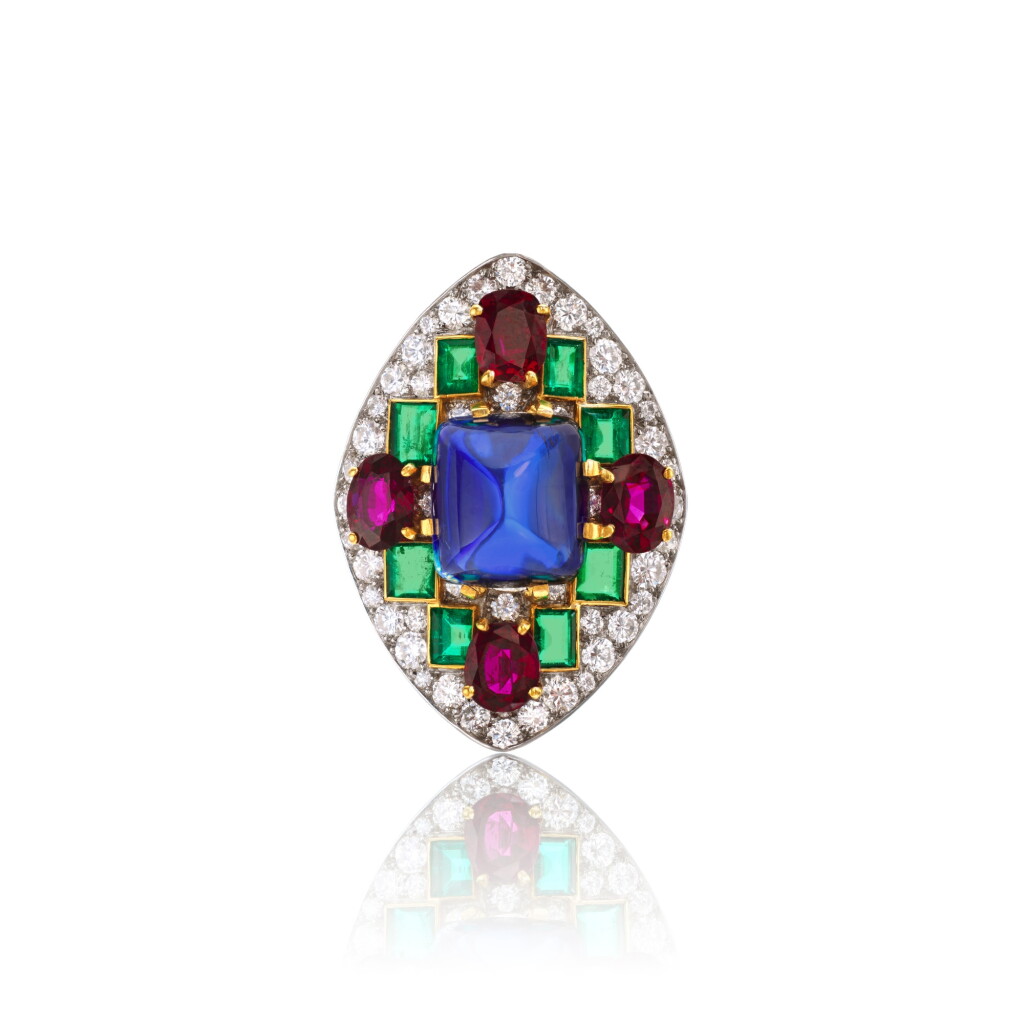 View full screen - View 1 of Lot 563. Sapphire, ruby, emerald and diamond brooch, circa 1980 and later.