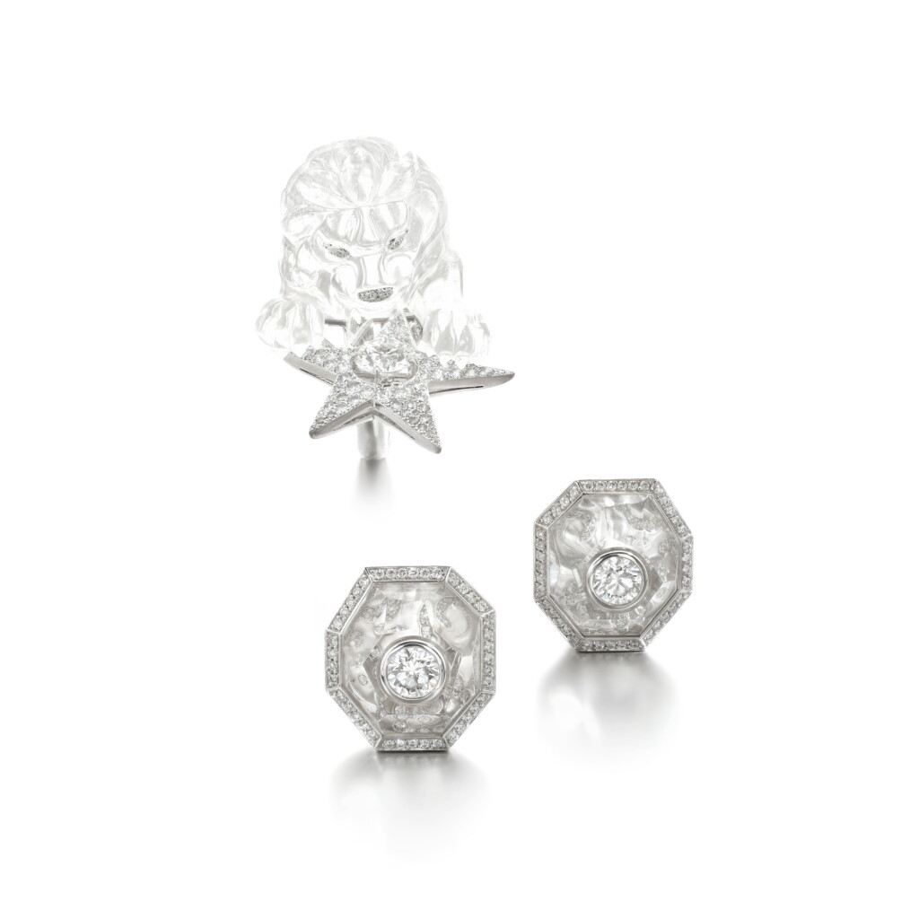 View full screen - View 1 of Lot 720. Rock crystal and diamond ring, 'Constellation du Lion', and a pair of earrings, 'Pluie de Cristal'.