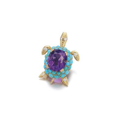 View full screen - View 1 of Lot 4. AMETHYST, TURQUOISE AND DIAMOND BROOCH, 'TURTLE', CARTIER.