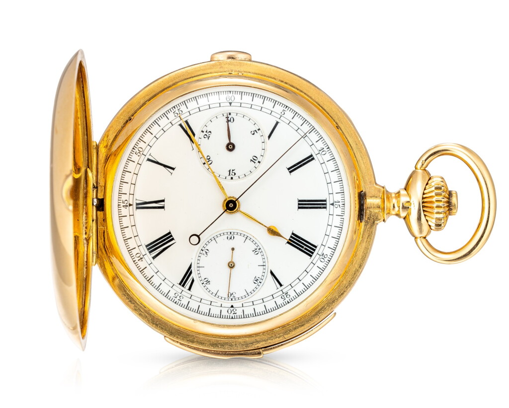 View full screen - View 1 of Lot 117. UTI | A YELLOW GOLD HUNTING CASE MINUTE REPEATING CHRONOGRAPH KEYLESS WATCH WITH ENAMEL DIAL, CIRCA 1910.
