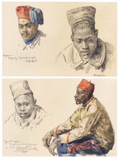 View full screen - View 1 of Lot 240. A) Head study of an Algerian Tirailleur and Senegalese Tirailleur B) Head study of a Senegalese Tirailleur and a seated Senegalese Tirailleur, in profile.