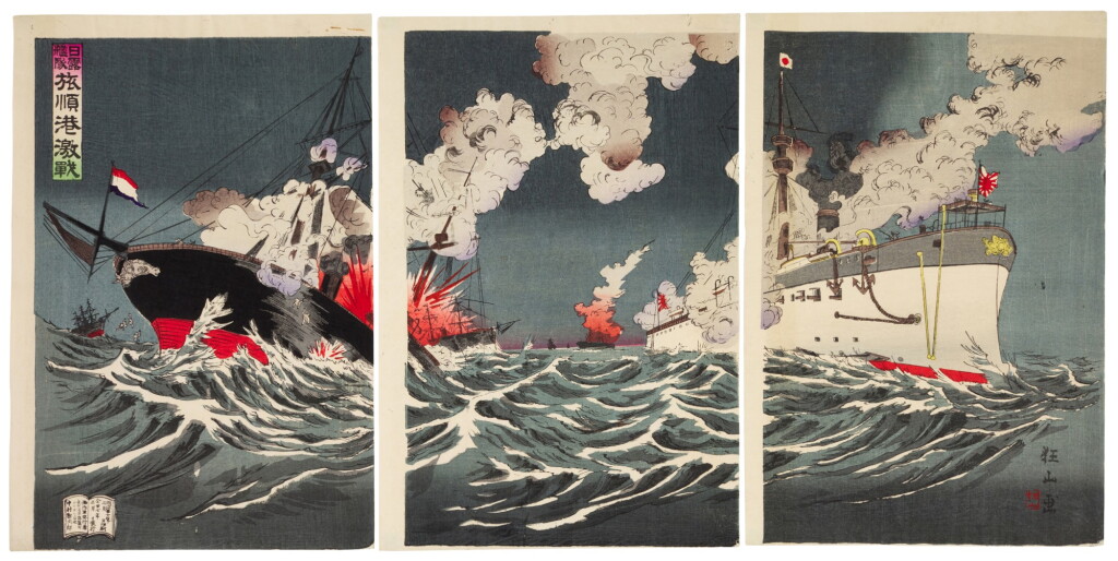 View full screen - View 1 of Lot 79. TWO TRIPTYCHS OF THE SINO-JAPANESE WAR, MEIJI PERIOD (LATE 19TH CENTURY).