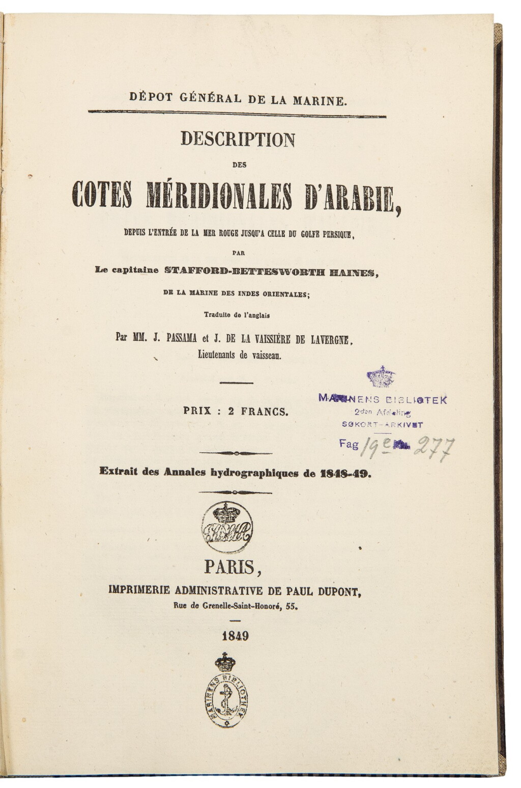 View full screen - View 1 of Lot 69. Haines, Stafford-Bettesworth. First separate French edition of an important survey of the coasts of Yemen and Oman.
