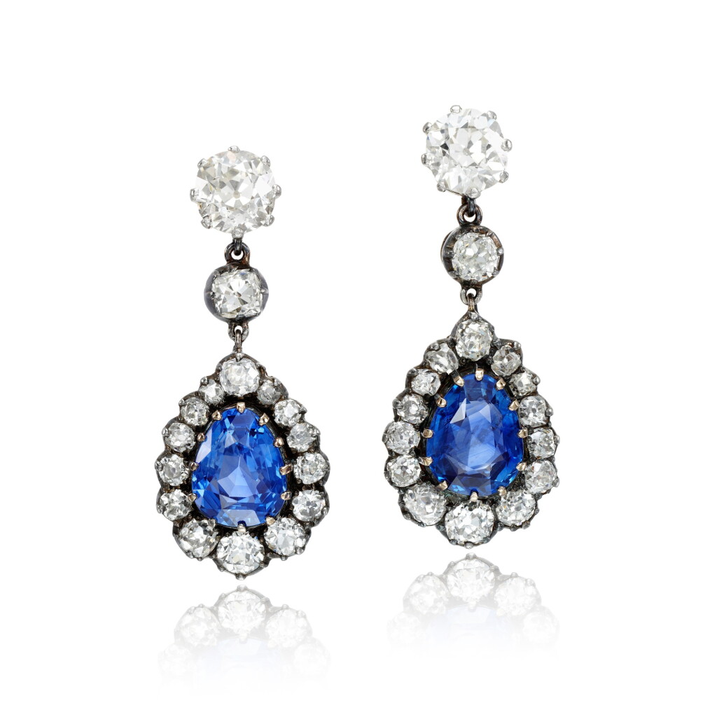 View full screen - View 1 of Lot 47. Pair of sapphire and diamond earrings, late 19th century and later.