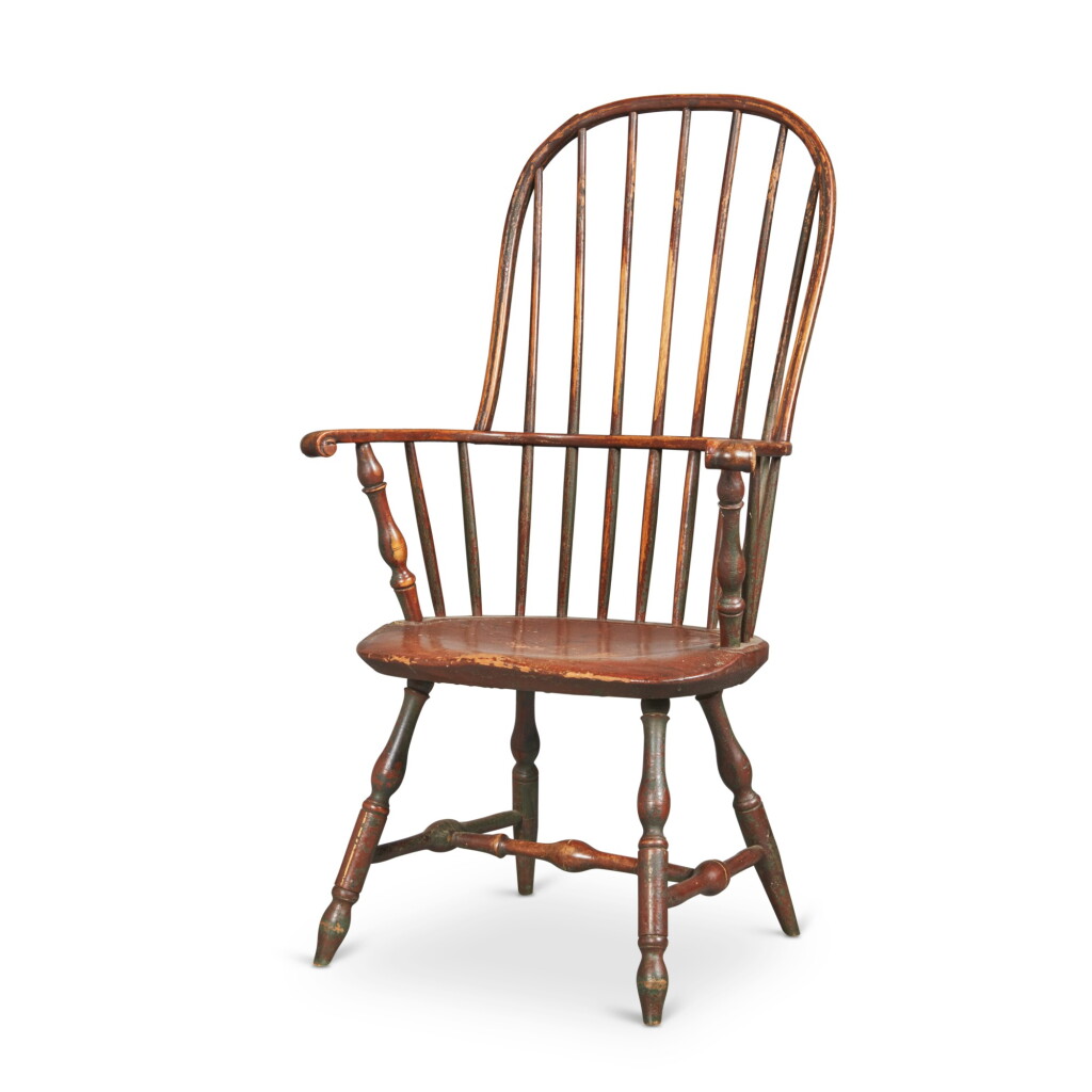 View full screen - View 1 of Lot 139. Very Fine and Rare Black-Painted High-Back Sack-Back Windsor Knuckle Armchair, Lancaster County, Pennsylvania, Circa 1785.