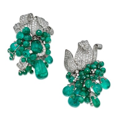 View full screen - View 1 of Lot 177. Highly Important Pair of Emerald and Diamond Brooches .