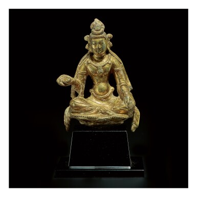 View full screen - View 1 of Lot 595. A GILT-BRONZE FIGURE OF MANJUSHRI, TANG DYNASTY.