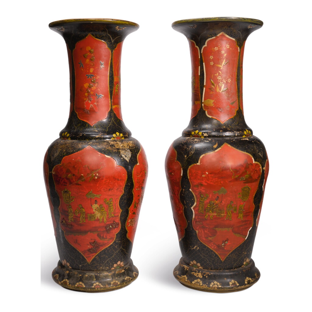 View full screen - View 1 of Lot 627. A PAIR OF BERLIN FAIENCE RED AND BLACK-LACQUERED MONUMENTAL VASES, 19TH CENTURY.