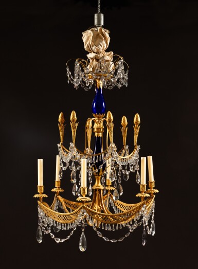View full screen - View 1 of Lot 286. A Russian gilt-bronze, glass, and blue glass chandelier, St Petersburg, late 18th century.
