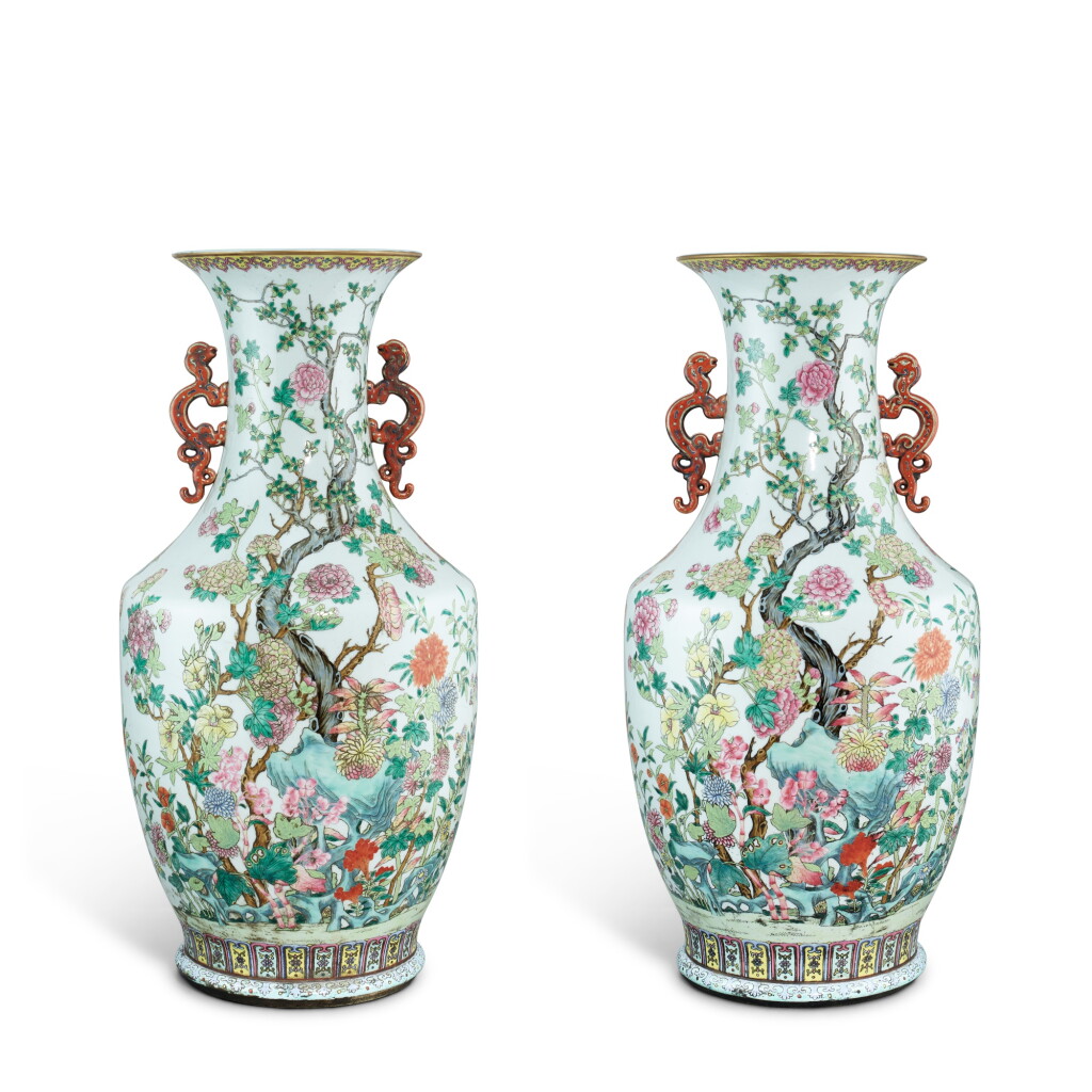 View full screen - View 1 of Lot 3341. A pair of large famille-rose 'floral' vases, Qing dynasty 18th - 19th century | 清十八至十九世紀 粉彩花鳥大瓶一對 .