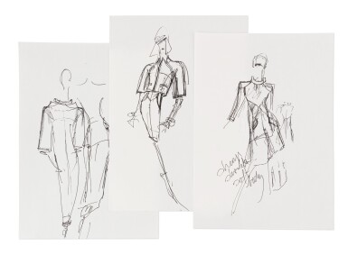 View full screen - View 1 of Lot 14. Three original sketches for fashion | Trois croquis de mode originaux.