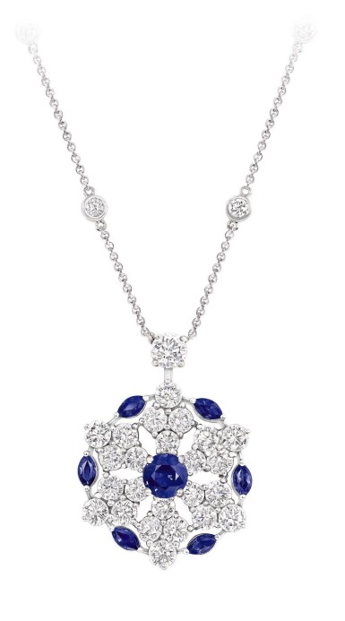 View full screen - View 1 of Lot 332. SAPPHIRE AND DIAMOND 'SNOWFLAKE' PENDANT-NECKLACE, GRAFF .