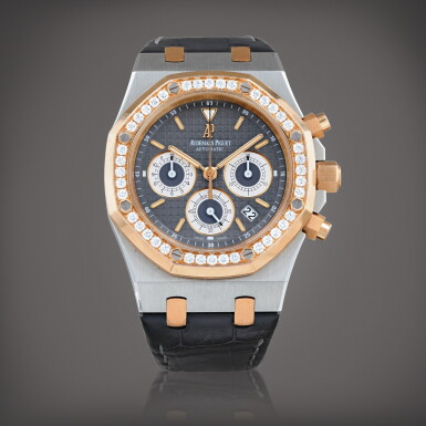 View full screen - View 1 of Lot 623. Royal Oak, limited edition, reference 26313SR.ZZ.D005CR.01 Montre bracelet chronographe en acier et or rose sertie de diamants avec date | Stainless steel and pink gold diamond-set chronograph wristwatch with date Vers 2013 | Circa 2013.