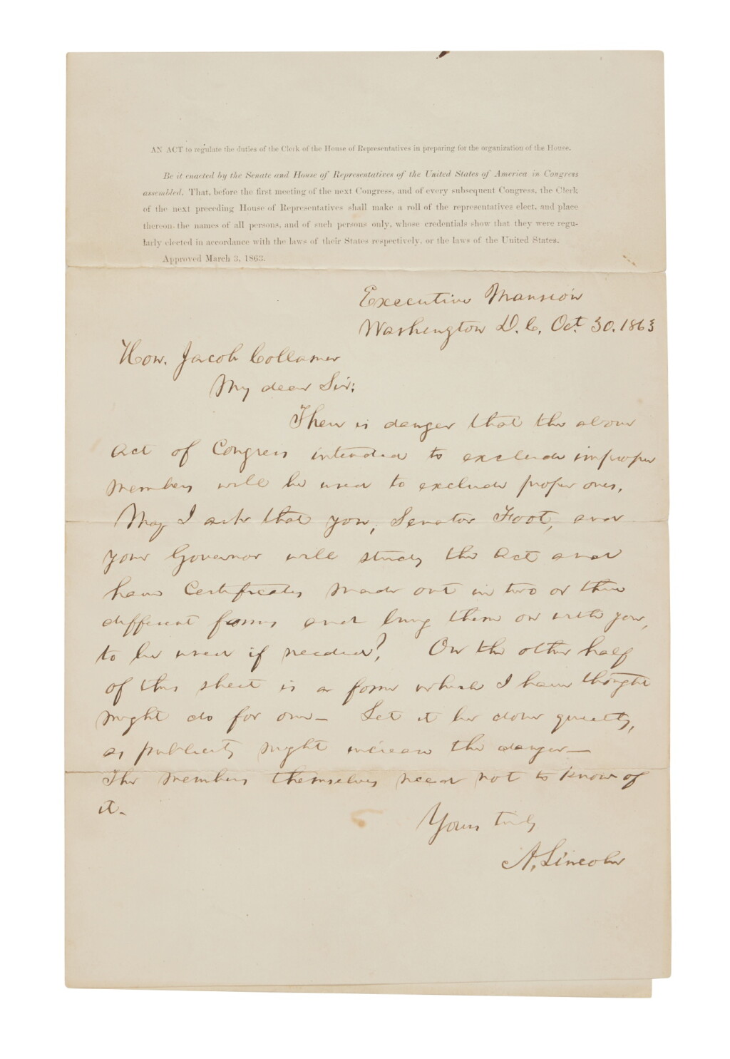 View full screen - View 1 of Lot 13. Lincoln, Abraham | President Lincoln works to prevent anti-Union agents from infiltrating the House of Representatives.