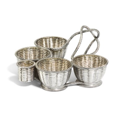 View full screen - View 1 of Lot 32. A Victorian silver basket-weave egg cruet, Robert Hennell & Sons, London, 1858.