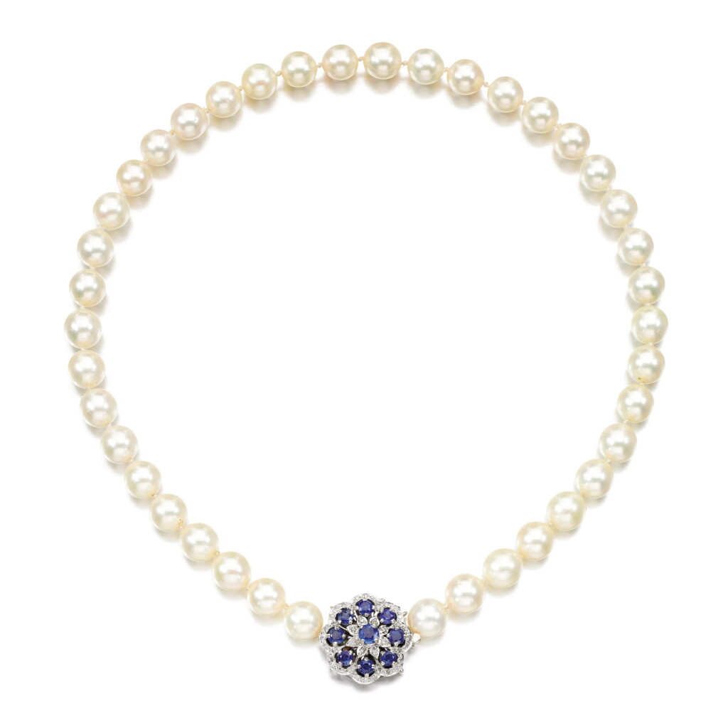 View full screen - View 1 of Lot 378. Cultured pearl, sapphire and diamond necklace, 1980s.