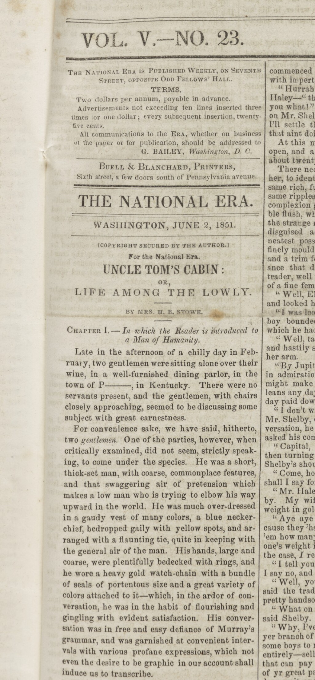 View full screen - View 1 of Lot 88. STOWE, HARRIET BEECHER |Uncle Tom's Cabin: or, Life Among the Lowly, serialized in The National Era. Washington D. C.: G. Bailey, June 5, 1851–April 1, 1852.