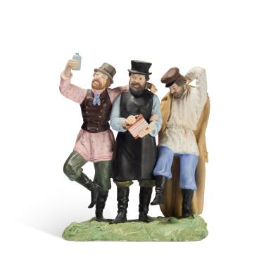 View full screen - View 1 of Lot 133. A Porcelain Figural Group of three Peasants, Gardner Porcelain Factory, Verbilki, mid 19th Century.