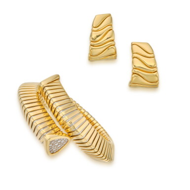 View full screen - View 1 of Lot 168. Gold, Stainless Steel and Diamond Cuff-Bracelet, Marina B, and Pair of Gold Earclips.